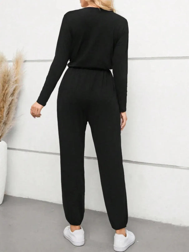 Surplice Tie Waist Long Sleeve Jumpsuit - ShopEasier