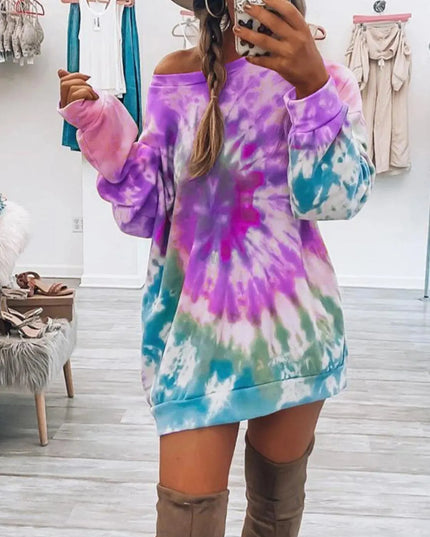 Vestido de manga larga con cuello redondo y efecto tie-dye de tamaño completo