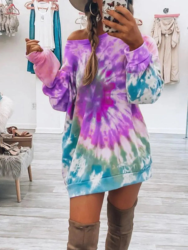 Vestido de manga larga con cuello redondo y efecto tie-dye de tamaño completo