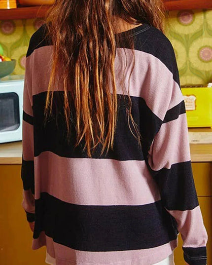 Color Block High-Low Long Sleeve T-Shirt with Round Neck