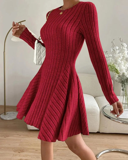 Ribbed Round Neck Long Sleeve Dress - ShopEasier