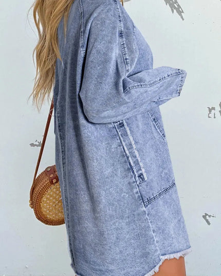 Raw Hem Button Down Long Sleeve Denim Dress - ShopEasier