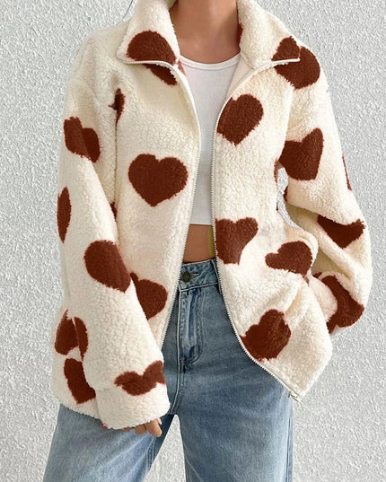 Heart Zip Up Drop Shoulder Furry Jacket - ShopEasier