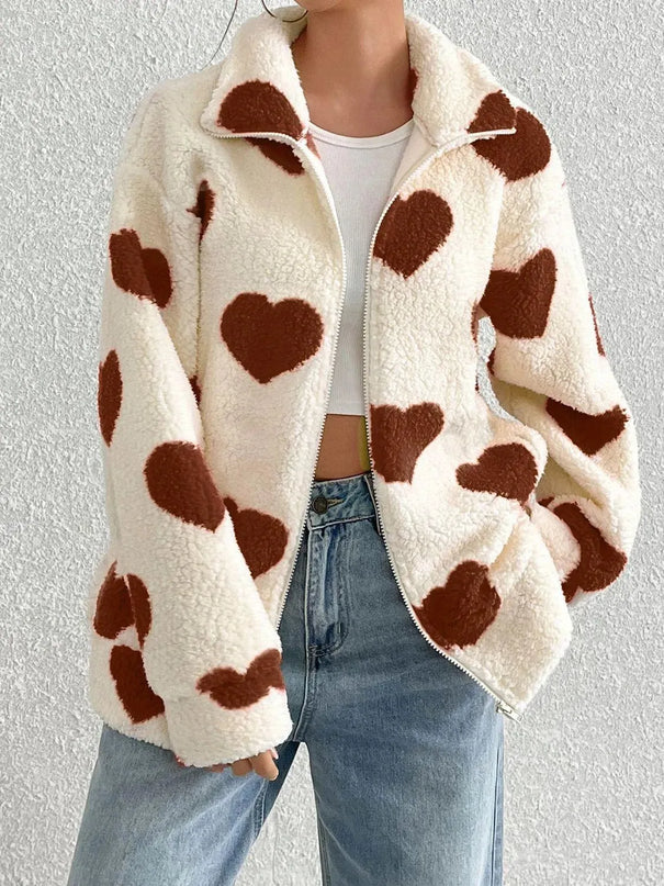 Heart Zip Up Drop Shoulder Furry Jacket - ShopEasier