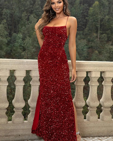 Sequin Backless Split Maxi Dress