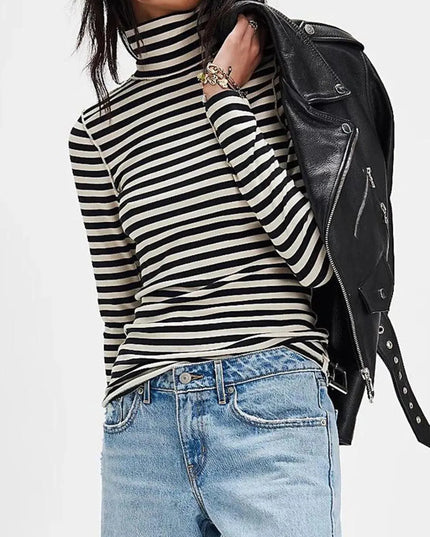 Striped Turtleneck Long Sleeve Tee with Exposed Seams