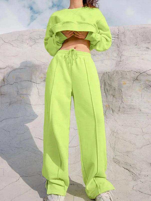 Round Neck Long Sleeve Top and Elastic Waist Pants Set - ShopEasier