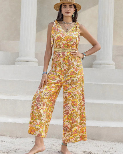 Floral Print V-Neck Tie-Shoulder Jumpsuit