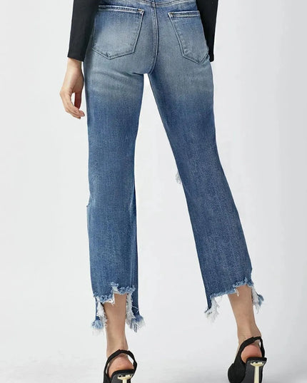 RISEN High Waist Distressed Frayed Hem Cropped Straight Jeans - ShopEasier