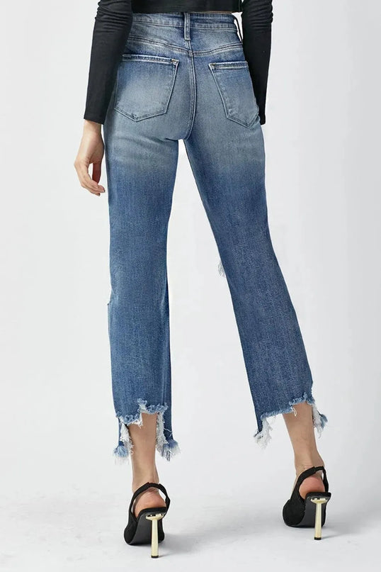 RISEN High Waist Distressed Frayed Hem Cropped Straight Jeans - ShopEasier