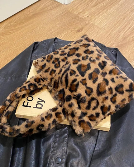 Leopard Print Fluff Zip-Up Handbag