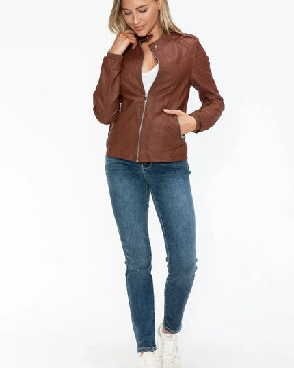 Snobbish PU Leather Biker Jacket with Side Zip Pockets - ShopEasier