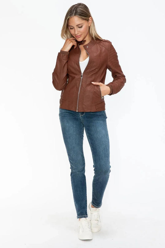 Snobbish PU Leather Biker Jacket with Side Zip Pockets - ShopEasier