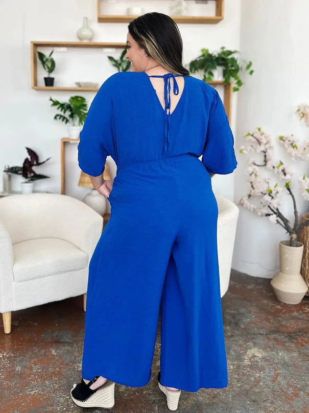 Double Take Full Size Surplice Wide Leg Jumpsuit with Pockets - ShopEasier