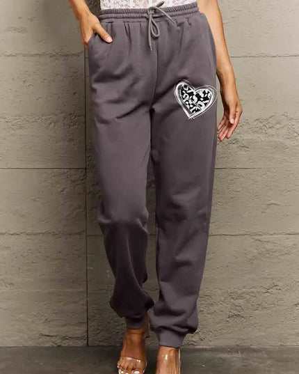 Cozy Heart Graphic Long Sweatpants with Drawstring