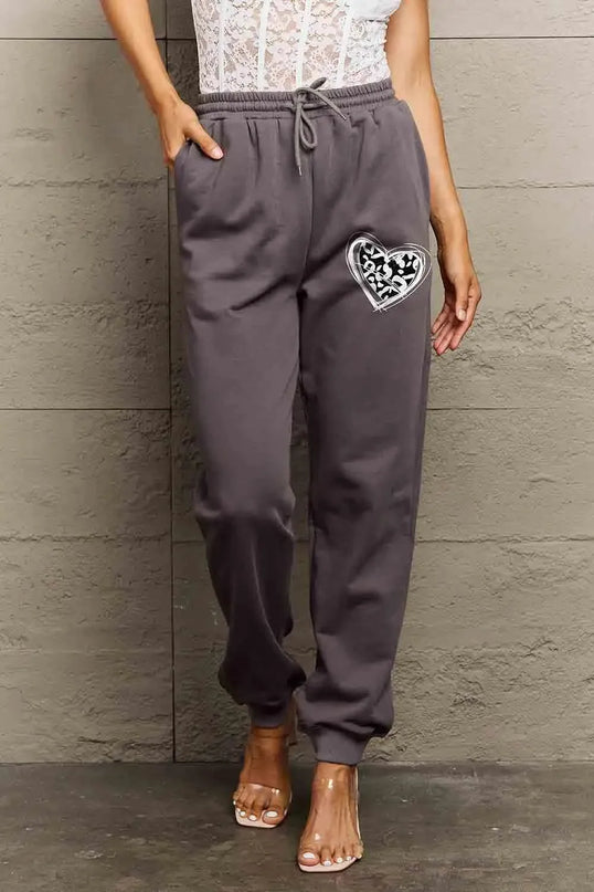 Cozy Heart Graphic Long Sweatpants with Drawstring