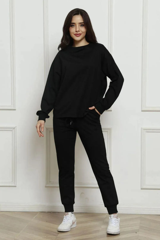 Casual Round Neck Long Sleeve Top with Drawstring Pants Set