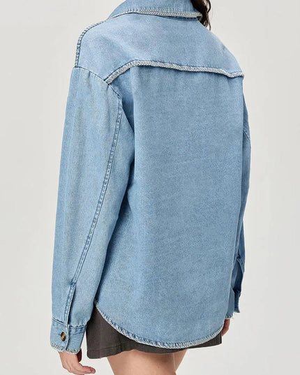 Button Up Collared Neck Denim Top - ShopEasier