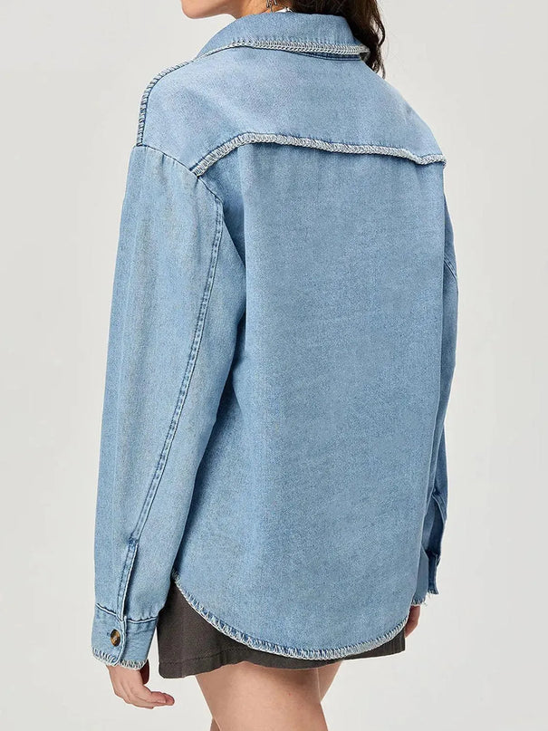 Button Up Collared Neck Denim Top - ShopEasier