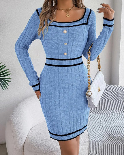 Contrast Trim Long Sleeve Sweater Dress