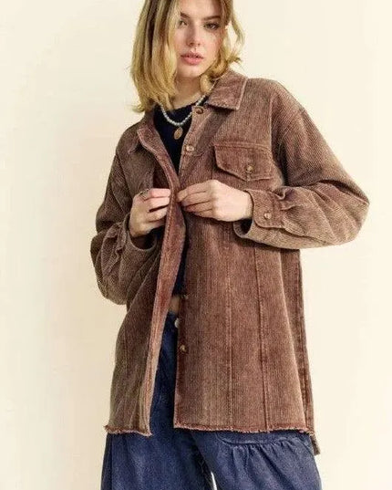 Trendy Washed Corduroy Raw Hem Button-Up Jacket by Davi & Dani