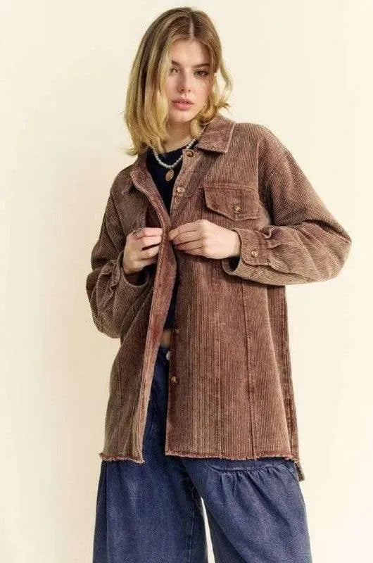 Trendy Washed Corduroy Raw Hem Button-Up Jacket by Davi & Dani