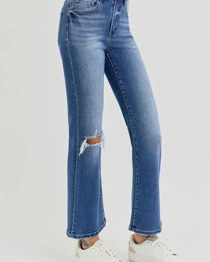 RISEN Full Size Distressed High Rise Crop Flare Jeans - ShopEasier