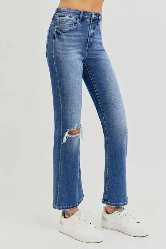 RISEN Full Size Distressed High Rise Crop Flare Jeans - ShopEasier