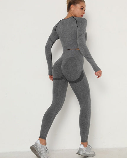 2 Piece Outfits Yoga Activewear Set Long Sleeve Crop Top High Waist Yoga Pants Sports Shirt Workout Leggings Suit Gym Clothing