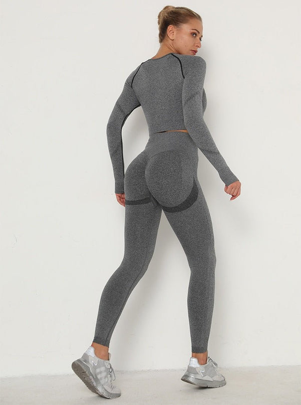 2 Piece Outfits Yoga Activewear Set Long Sleeve Crop Top High Waist Yoga Pants Sports Shirt Workout Leggings Suit Gym Clothing