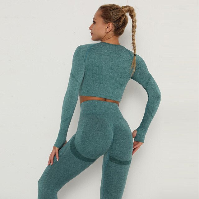 2 Piece Outfits Yoga Activewear Set Long Sleeve Crop Top High Waist Yoga Pants Sports Shirt Workout Leggings Suit Gym Clothing
