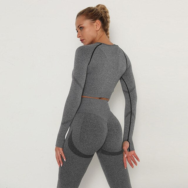 2 Piece Outfits Yoga Activewear Set Long Sleeve Crop Top High Waist Yoga Pants Sports Shirt Workout Leggings Suit Gym Clothing