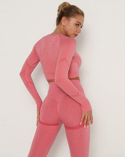 2 Piece Outfits Yoga Activewear Set Long Sleeve Crop Top High Waist Yoga Pants Sports Shirt Workout Leggings Suit Gym Clothing