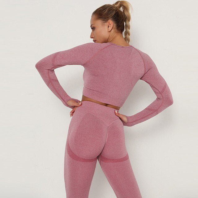 2 Piece Outfits Yoga Activewear Set Long Sleeve Crop Top High Waist Yoga Pants Sports Shirt Workout Leggings Suit Gym Clothing