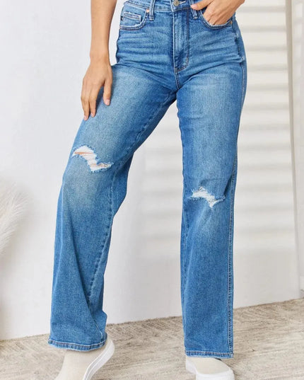 Judy Blue Full Size High Waist Distressed Straight-Leg Jeans - ShopEasier