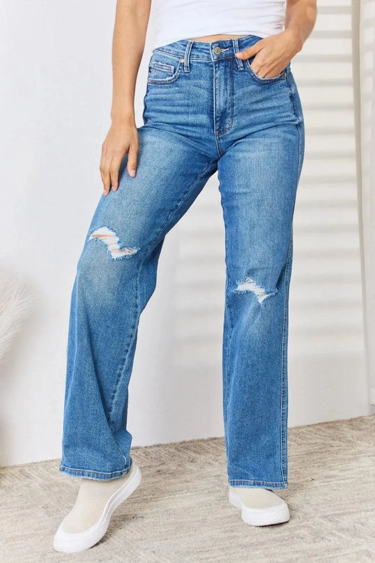 Judy Blue Full Size High Waist Distressed Straight-Leg Jeans - ShopEasier