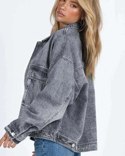 Collared Neck Button Up Denim Jacket - ShopEasier