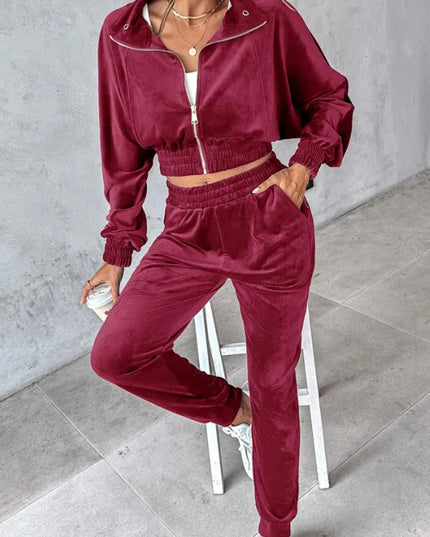 Zip Up Long Sleeve Cropped Top and Joggers Set - ShopEasier