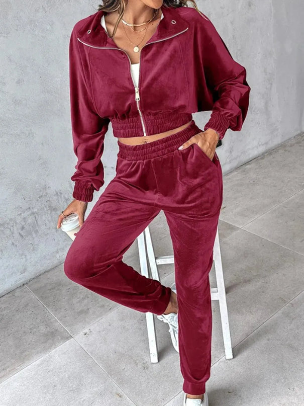 Zip Up Long Sleeve Cropped Top and Joggers Set - ShopEasier