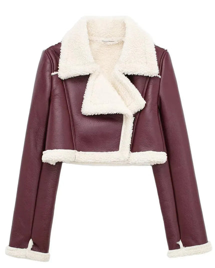 Collared Neck Long Sleeve Plush Cropped Jacket - ShopEasier