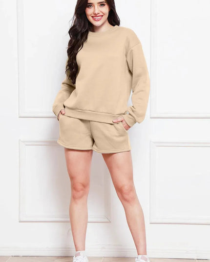 Two-Piece Drawstring Shorts and Long Sleeve Sweatshirt Set