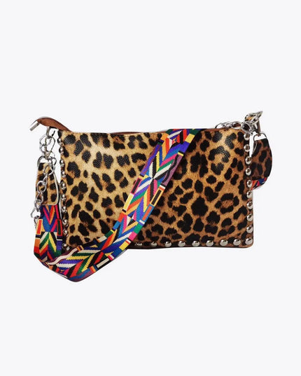 Bolso de hombro elegante de piel sintética con estampado de leopardo y cuadros escoceses con tachuelas