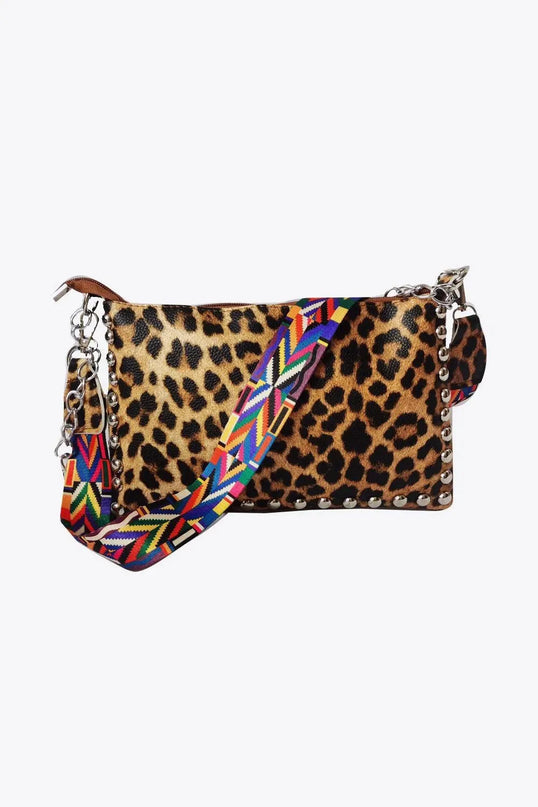 Bolso de hombro elegante de piel sintética con estampado de leopardo y cuadros escoceses con tachuelas