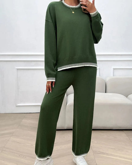 Chic Dropped Shoulder Sweater Set with Round Neck Top and Pants