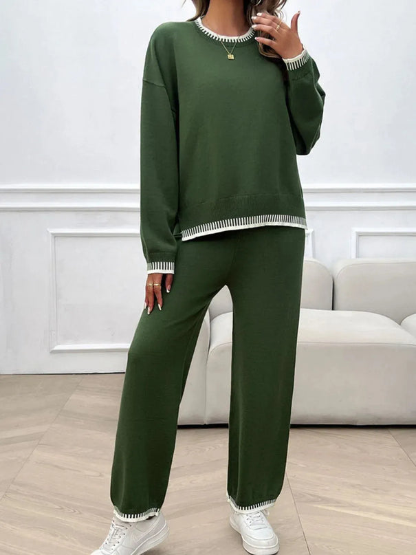 Chic Dropped Shoulder Sweater Set with Round Neck Top and Pants