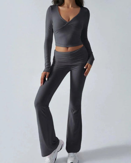 Chic Ruched Long Sleeve Top and Pants Ensemble