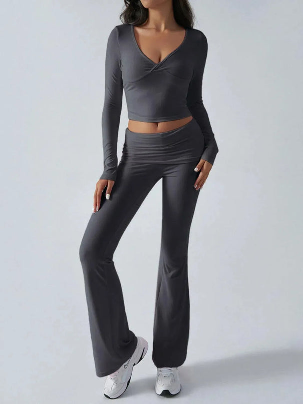 Chic Ruched Long Sleeve Top and Pants Ensemble