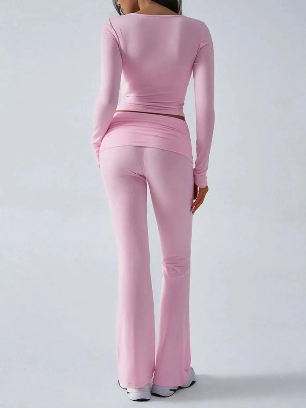 Chic Ruched Long Sleeve Top and Pants Ensemble