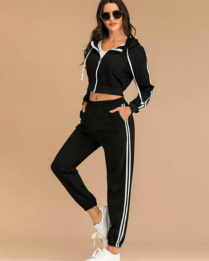 Perfee Drawstring Side Stripe Zip Up Hooded Top and Pants Set - ShopEasier