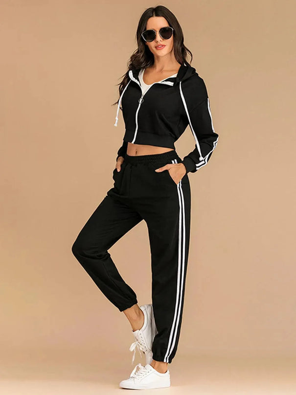 Perfee Drawstring Side Stripe Zip Up Hooded Top and Pants Set - ShopEasier